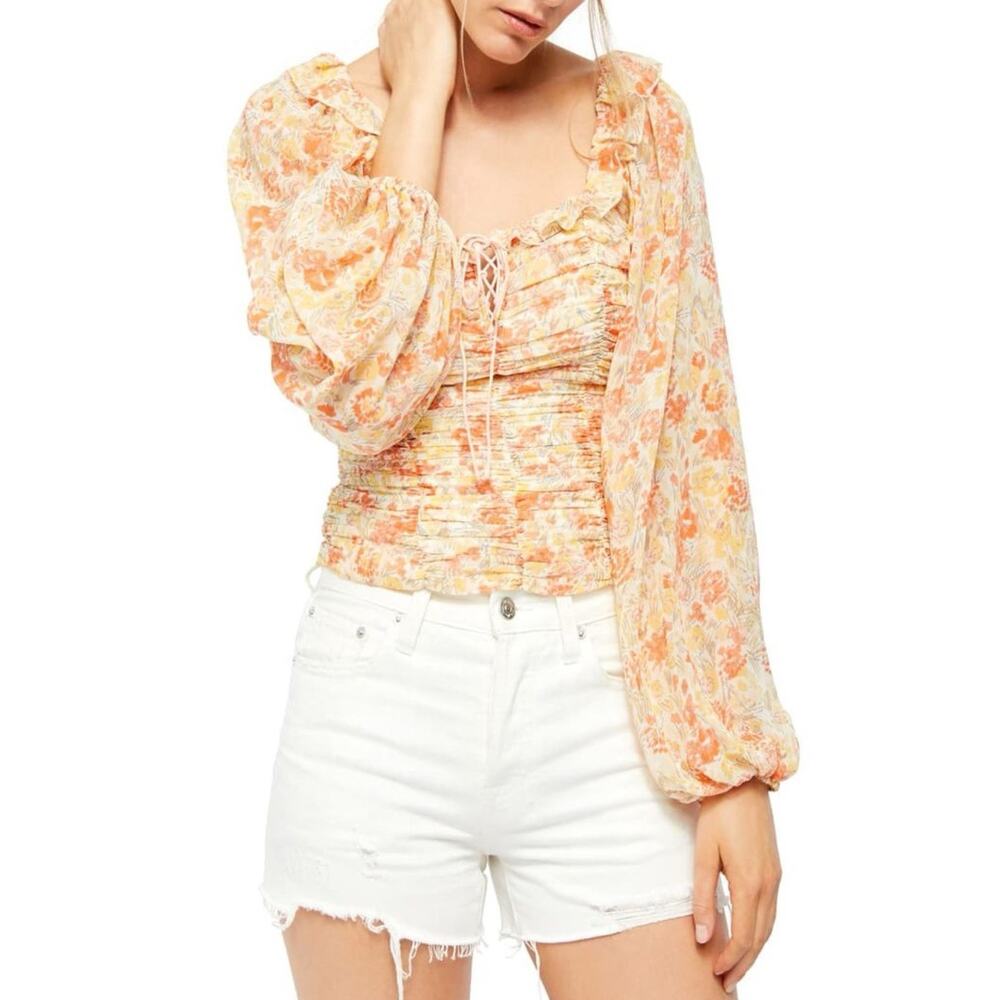 Free People Mabel Printed Blouse M Spring Combo Floral Boho Cottagecore Milkmaid